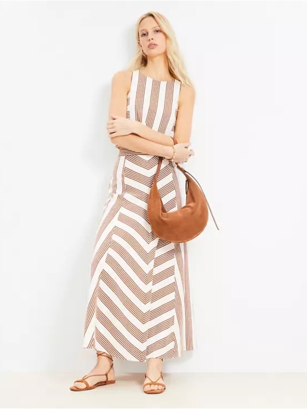 LOFT Cream and Brown Striped Linen Blend Maxi Skirt Set
